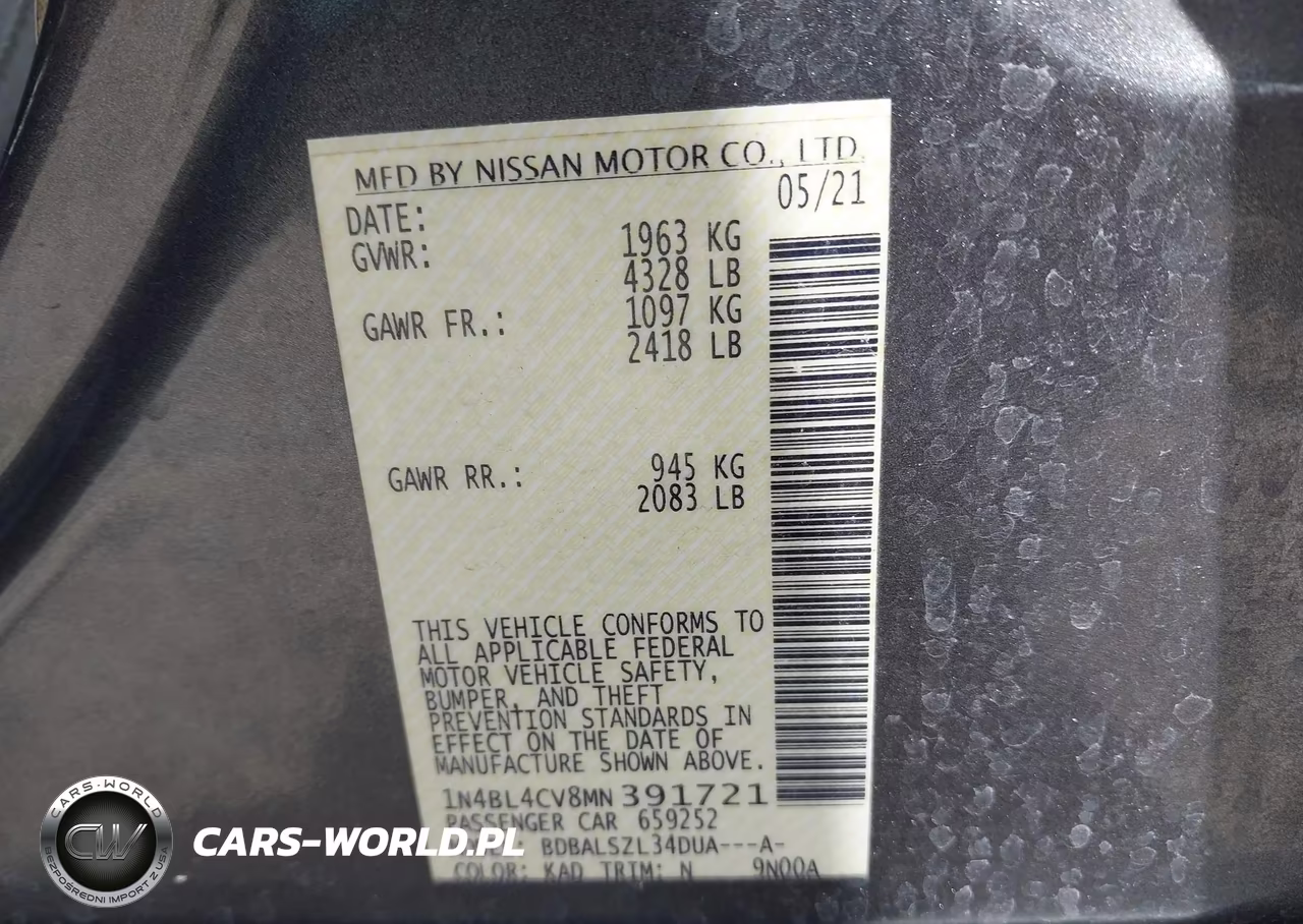 2021 Nissan Altima Sr Fwd VIN:1N4BL4CV8MN391721 - 9