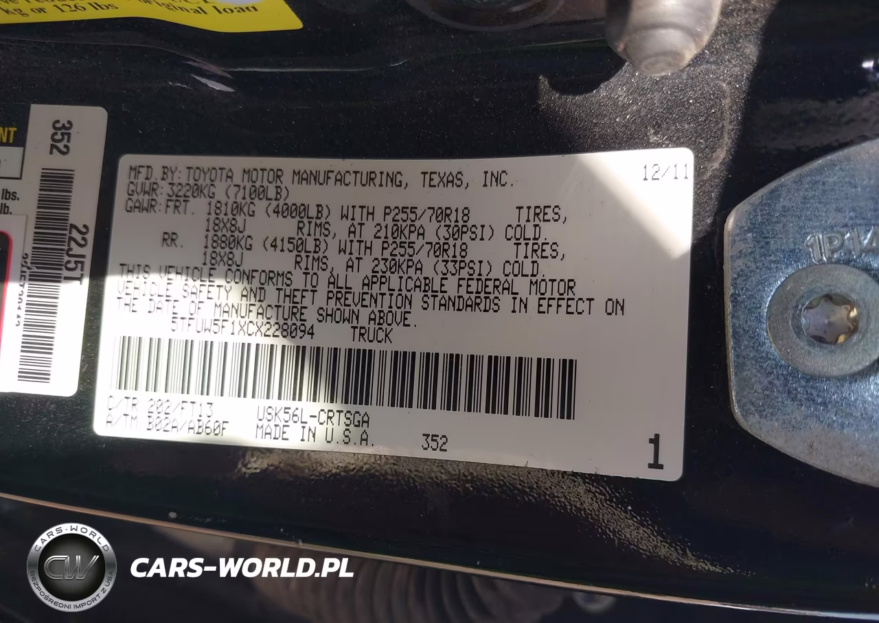 2012 Toyota Tundra Grade 5.7L V8 VIN:5TFUW5F1XCX228094 - 9