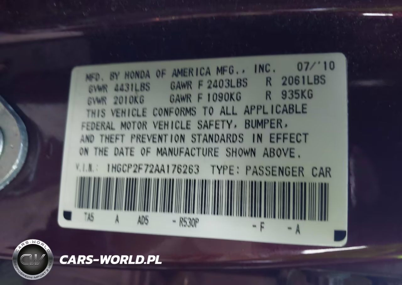 2010 Honda Accord 2.4 Ex VIN:1HGCP2F72AA176263 - 9