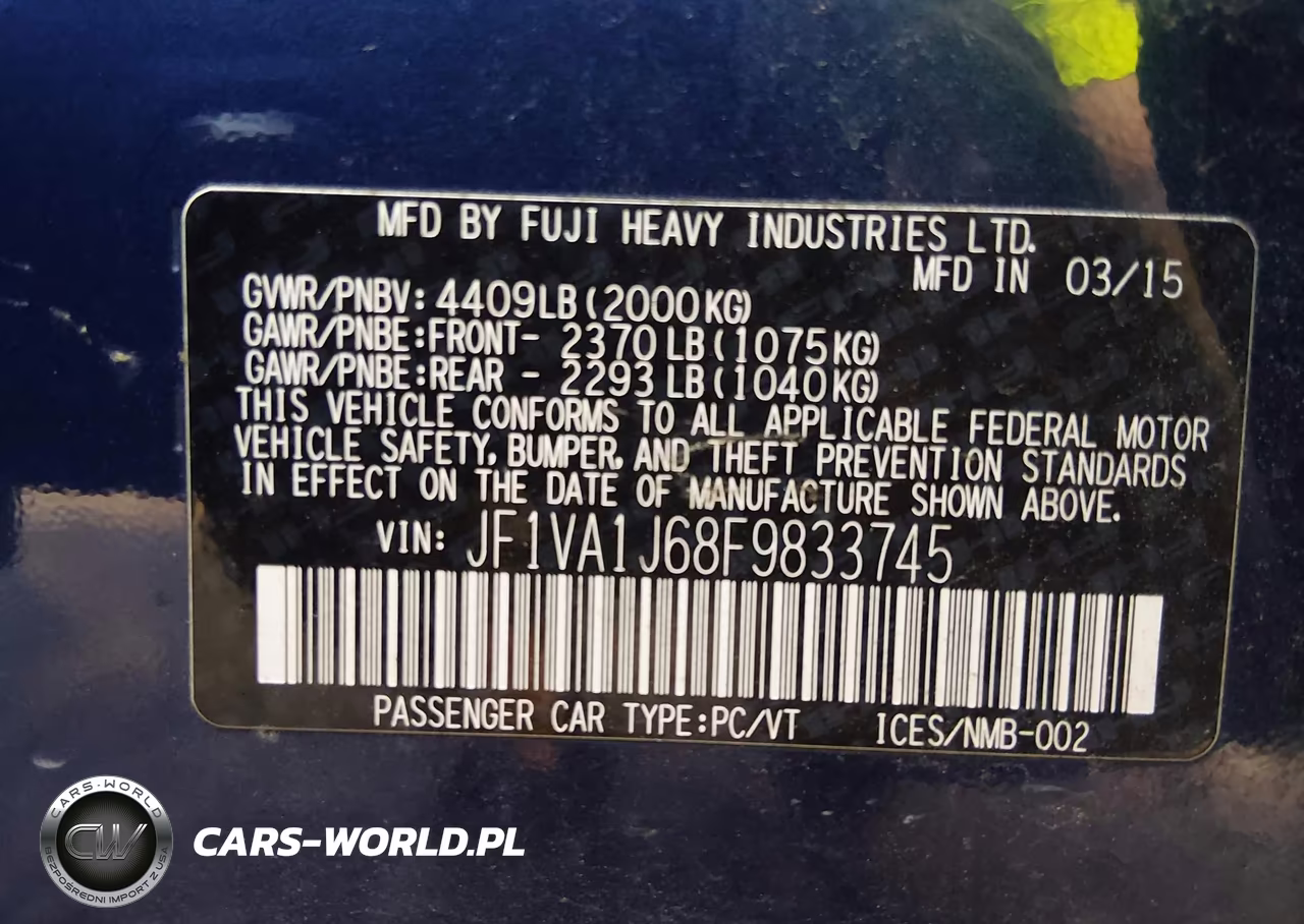 2015 Subaru Wrx Limited VIN:JF1VA1J68F9833745 - 9