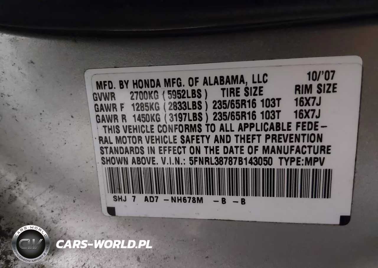 2007 Honda Odyssey Ex-L VIN:5FNRL38787B143050 - 9