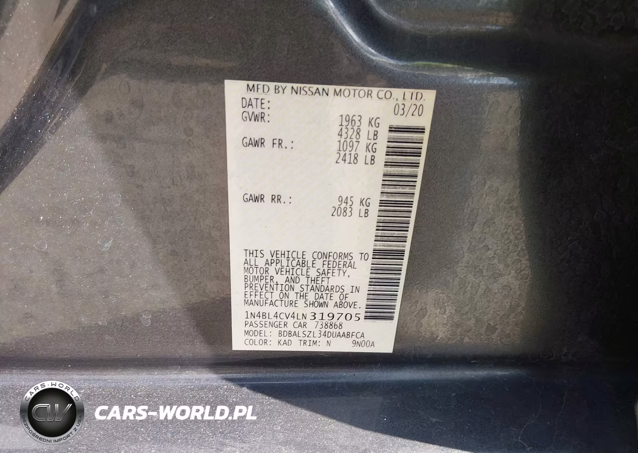 2020 Nissan Altima Sr Fwd VIN:1N4BL4CV4LN319705 - 9