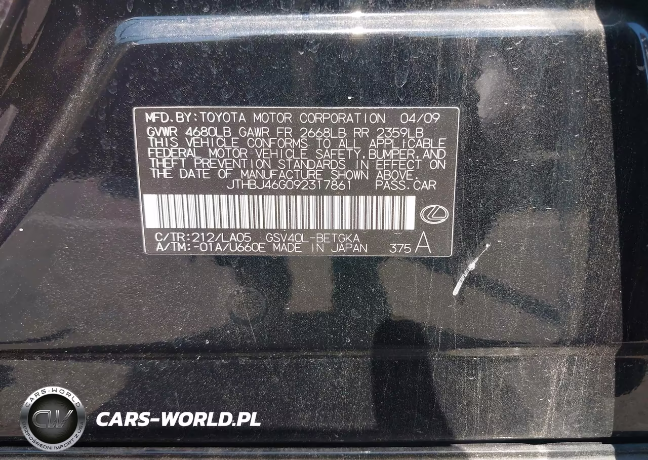 2009 Lexus Es 350 VIN:JTHBJ46G092317861 - 9