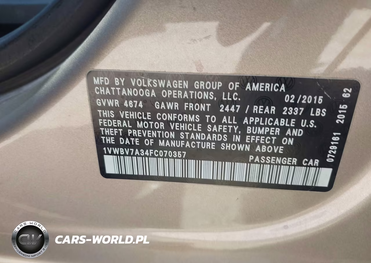 2015 Volkswagen Passat 2.0L Tdi Se VIN:1VWBV7A34FC070357 - 9
