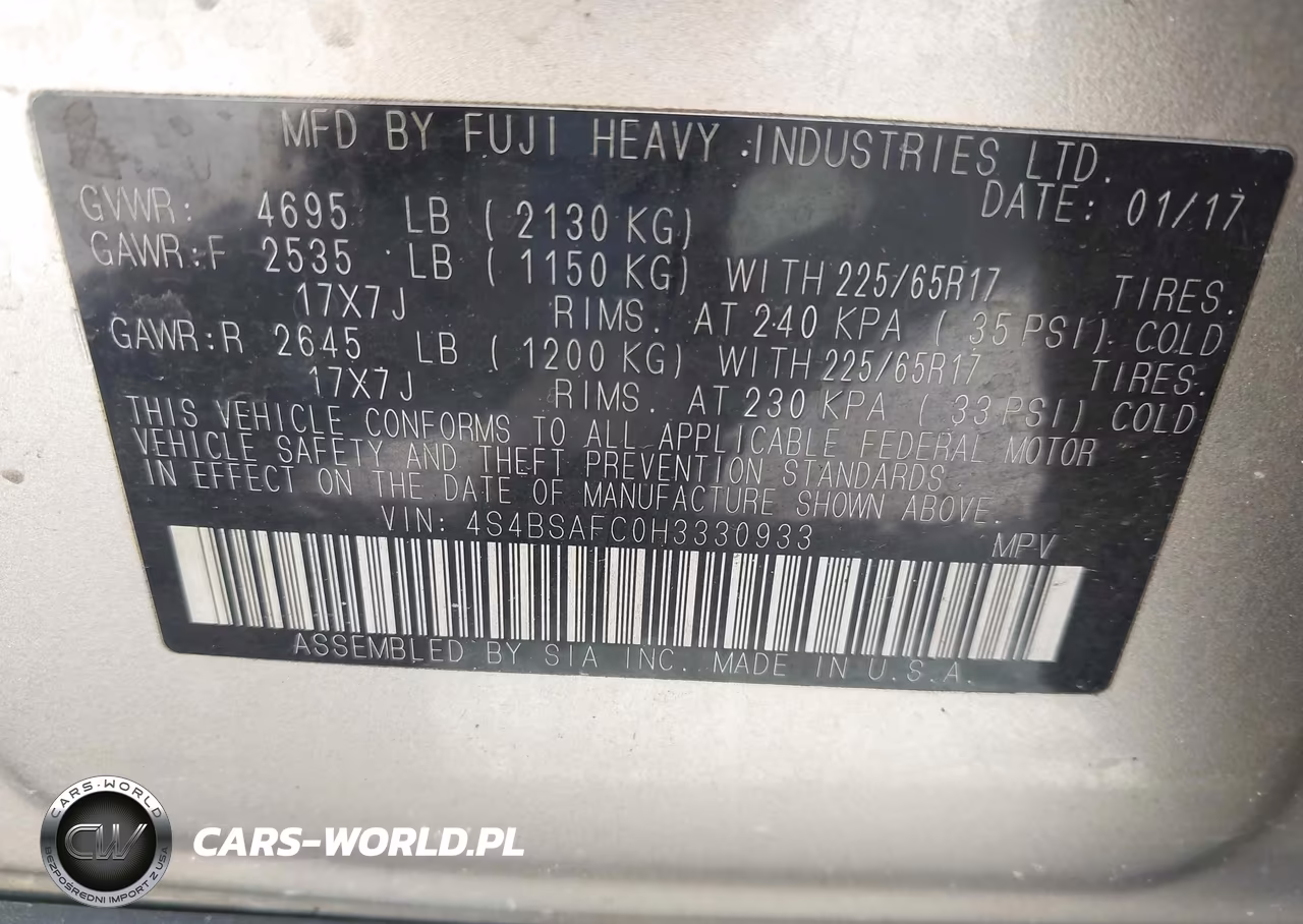 2017 Subaru Outback 2.5I Premium VIN:4S4BSAFC0H3330933 - 9