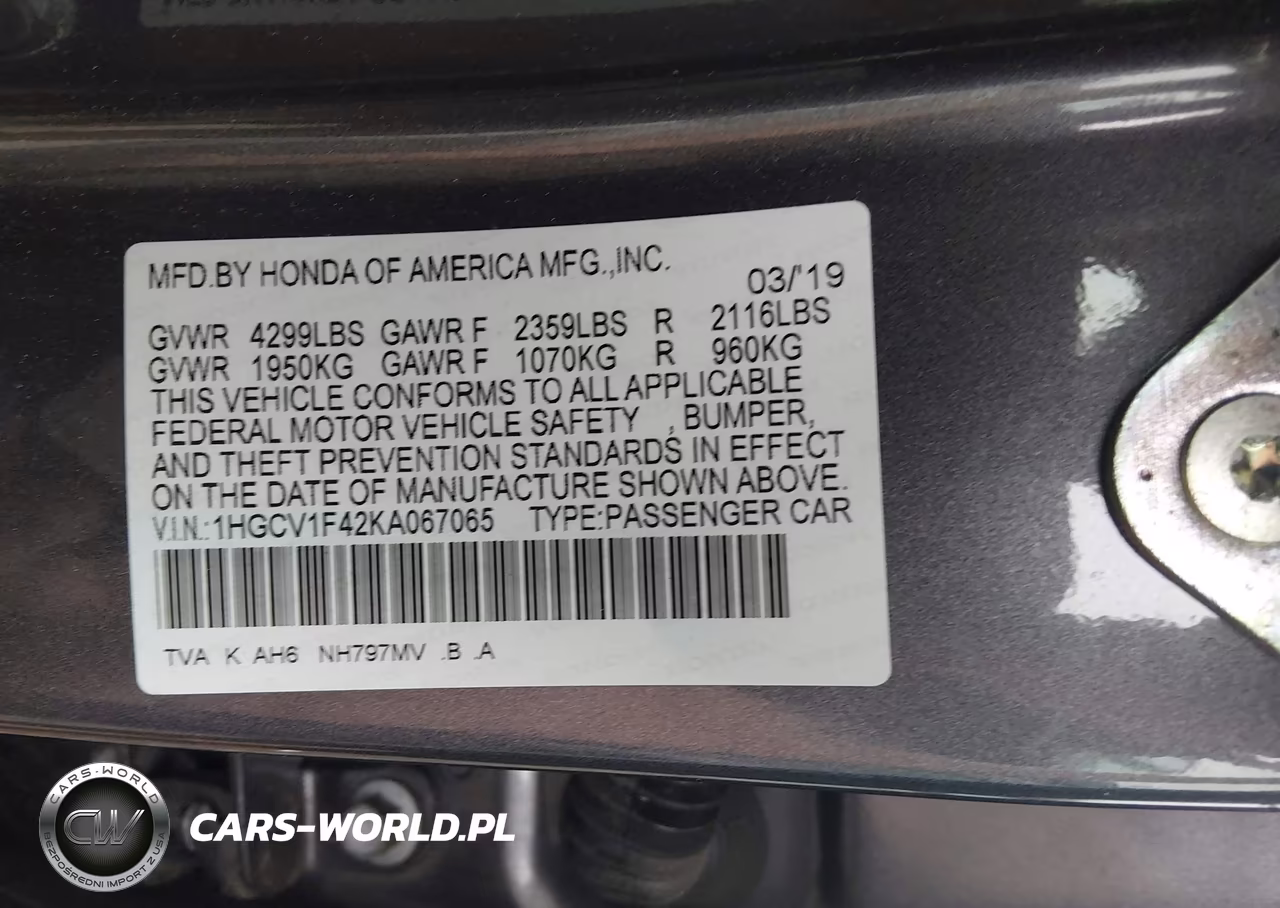 2019 Honda Accord Ex VIN:1HGCV1F42KA067065 - 9