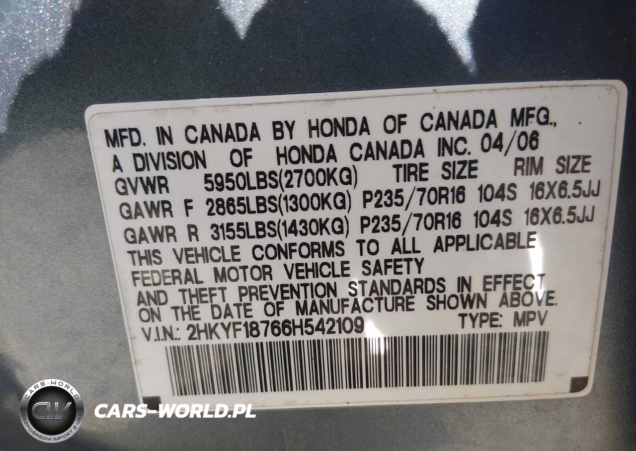 2006 Honda Pilot Ex-L VIN:2HKYF18766H542109 - 9