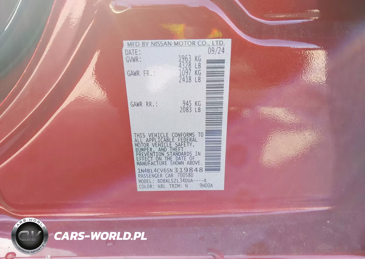 2025 Nissan Altima Sr Fwd VIN:1N4BL4CV6SN319848 - 9