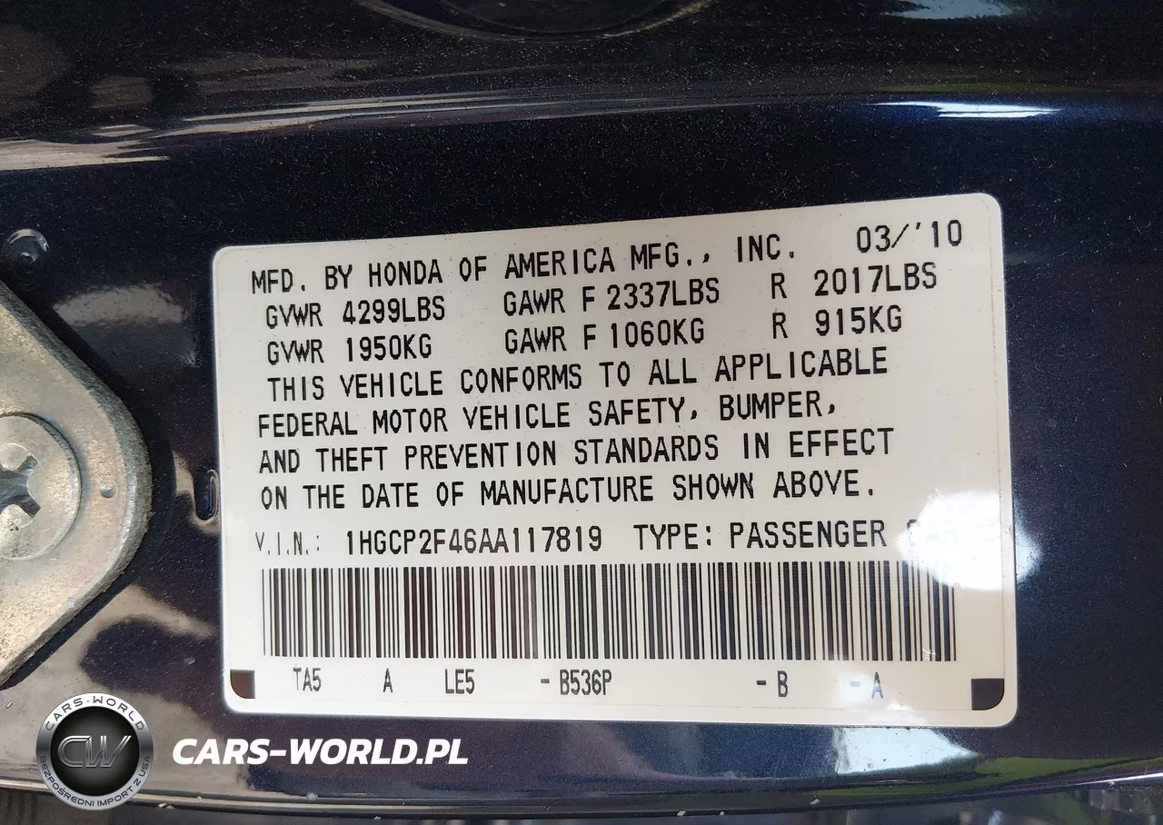 2010 Honda Accord 2.4 Lx-P VIN:1HGCP2F46AA117819 - 9