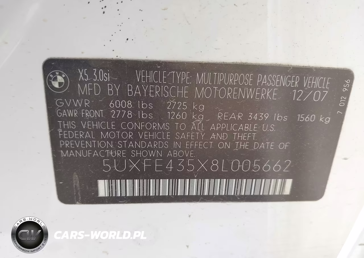 2008 BMW X5 3.0Si VIN:5UXFE435X8L005662 - 9