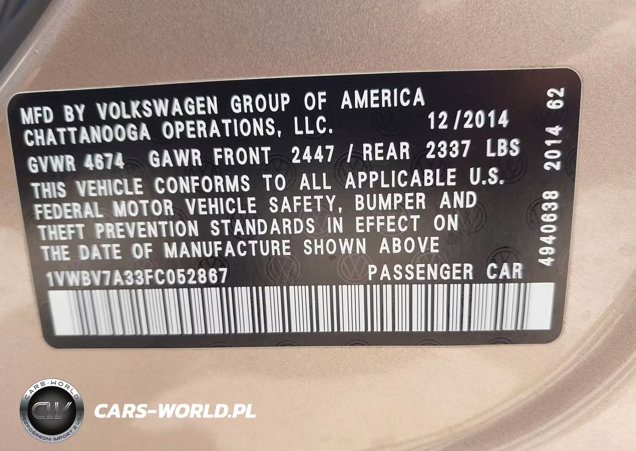 2015 Volkswagen Passat 2.0L Tdi Se VIN:1VWBV7A33FC052867 - 9