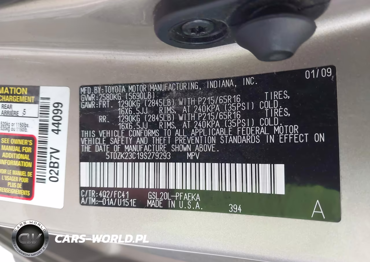 2009 Toyota Sienna Le VIN:5TDZK23C19S279293 - 9