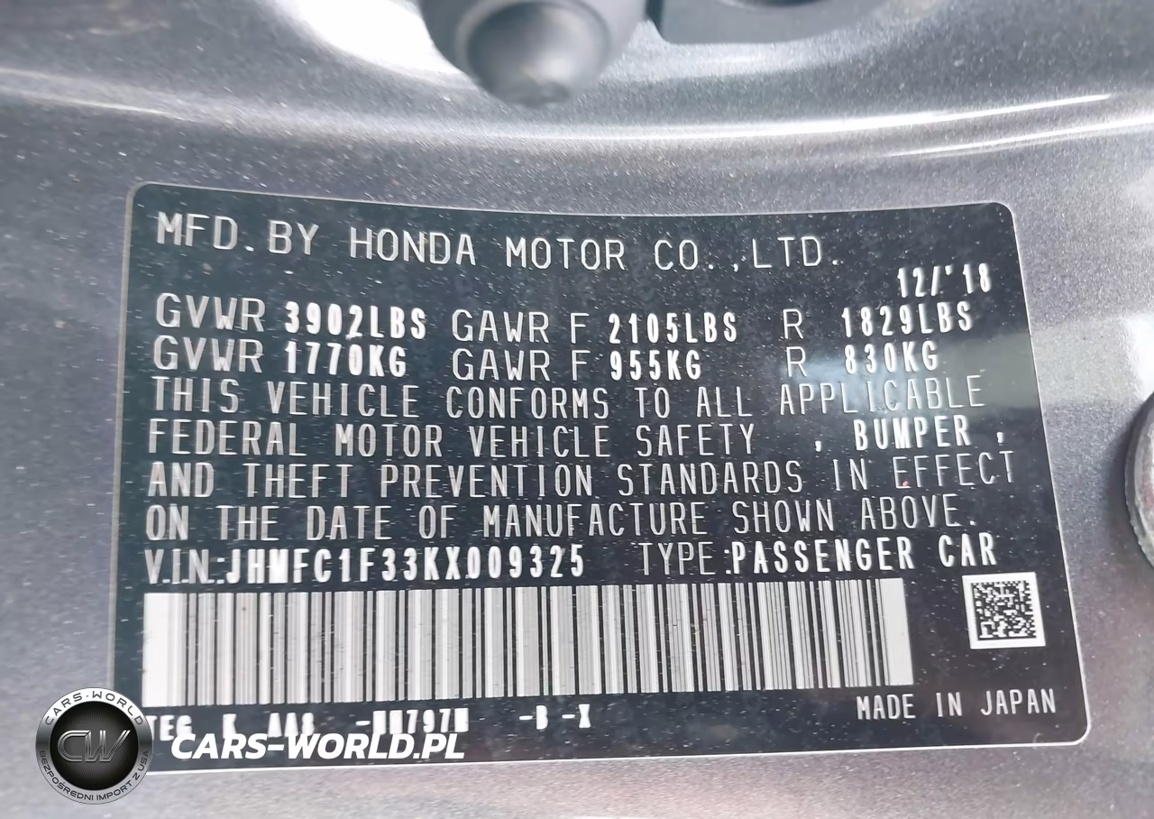 2019 Honda Civic Ex VIN:JHMFC1F33KX009325 - 9