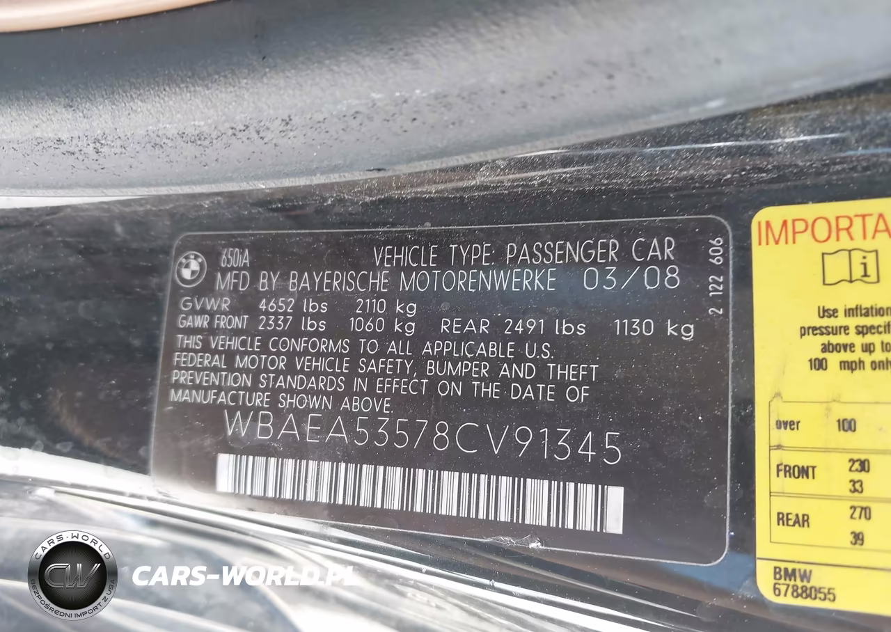 2008 BMW 650I VIN:WBAEA53578CV91345 - 9