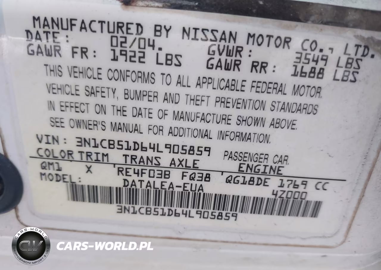 2004 Nissan Sentra 1.8S VIN:3N1CB51D64L905859 - 9