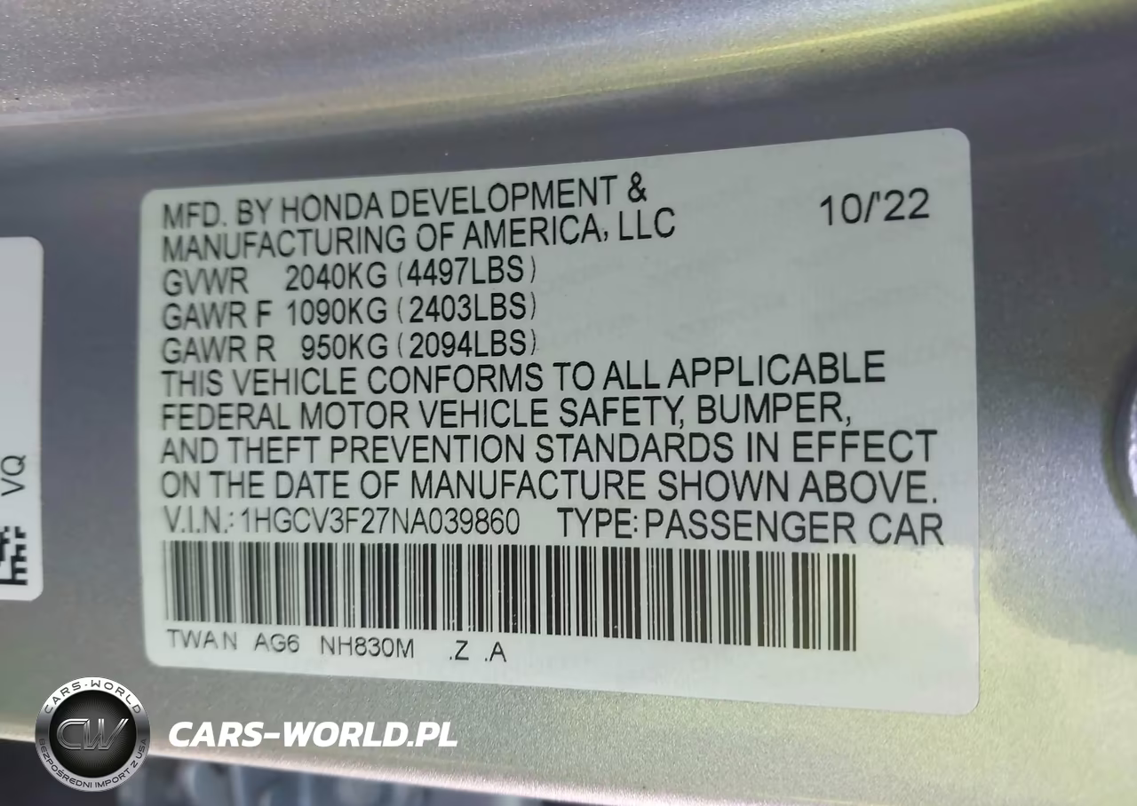 HONDA ACCORD VIN:1HGCV3F27NA039860 - 9