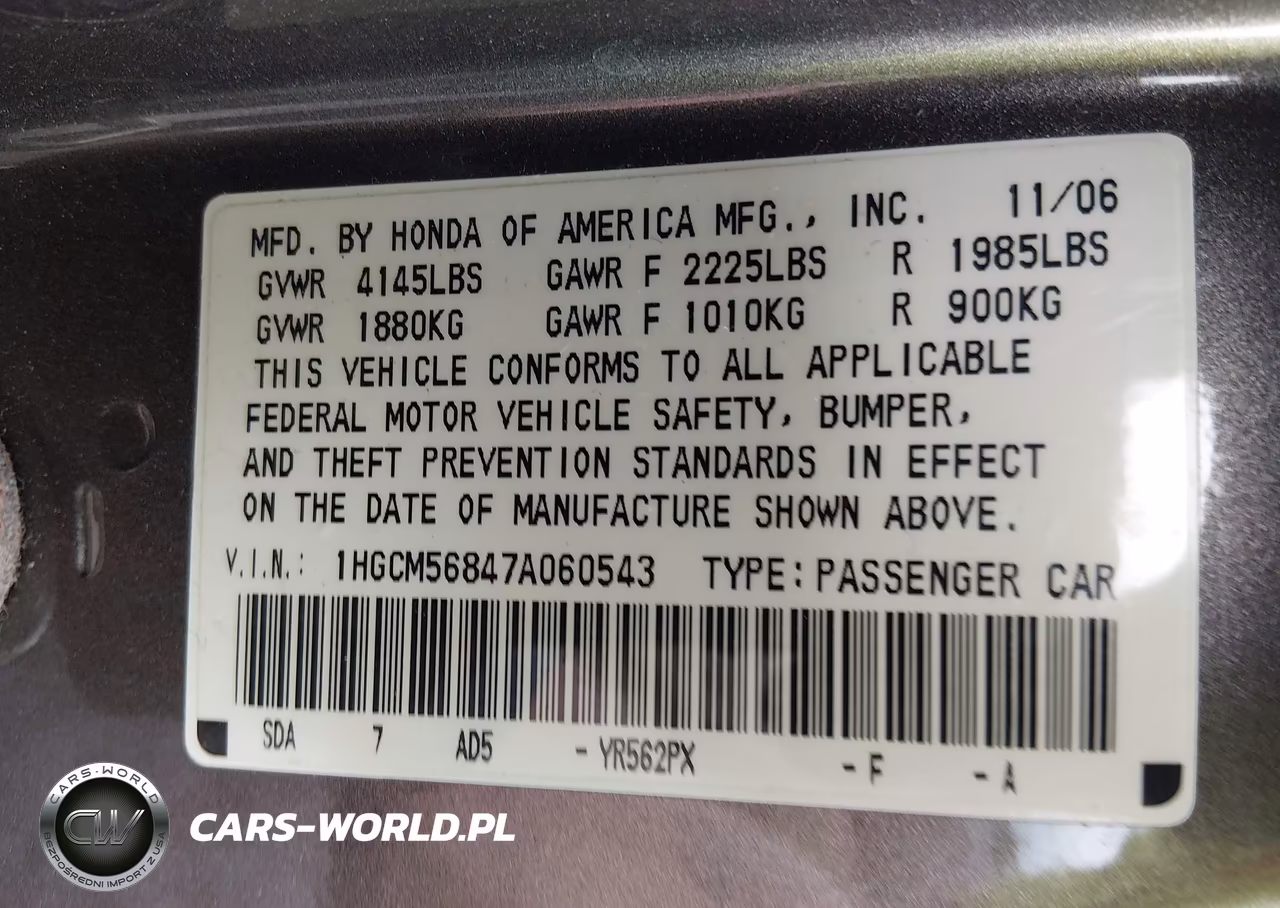 2007 Honda Accord 2.4 Ex VIN:1HGCM56847A060543 - 9