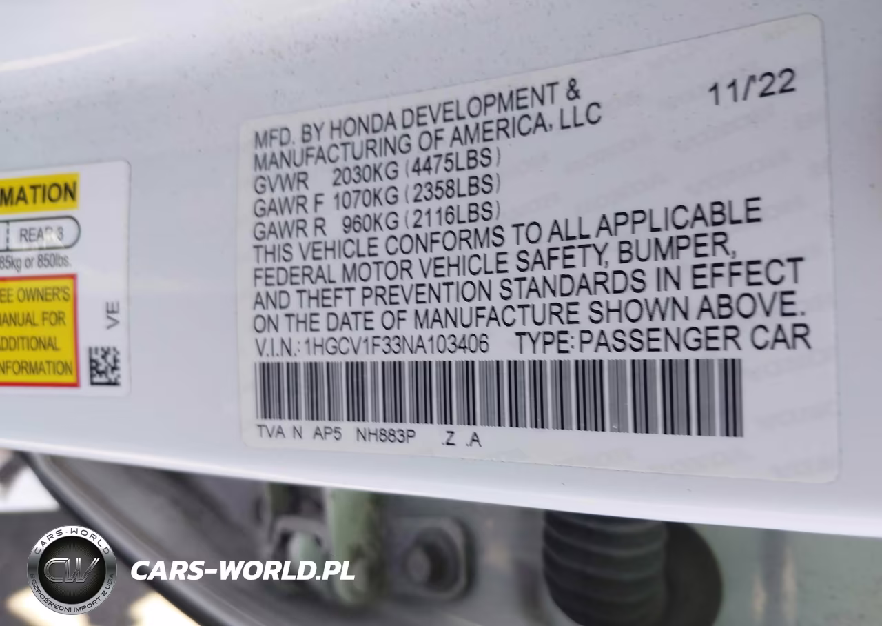 2022 Honda Accord Sport VIN:1HGCV1F33NA103406 - 9