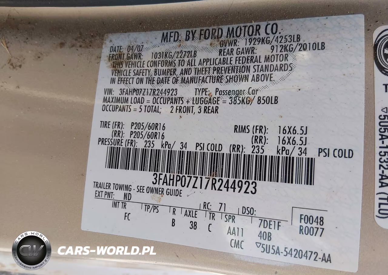 2007 Ford Fusion Se VIN:3FAHP07Z17R244923 - 9