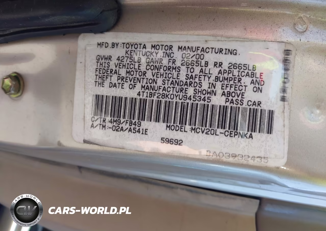 2000 Toyota Camry Le V6 VIN:4T1BF28K0YU945345 - 9