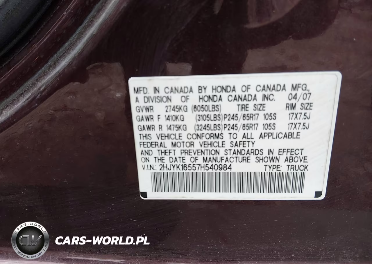 2007 Honda Ridgeline Rtl VIN:2HJYK16557H540984 - 9