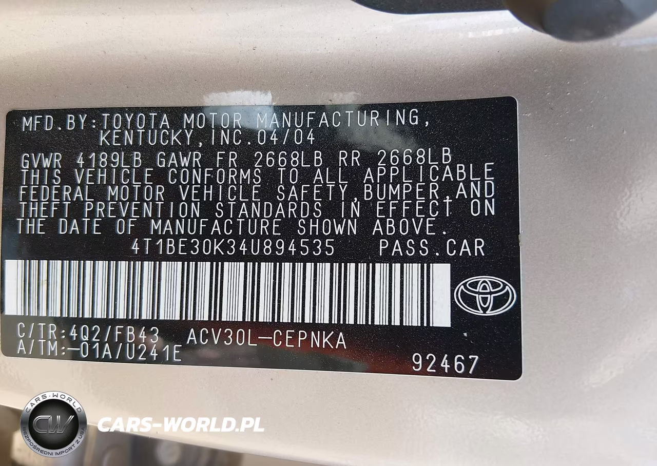 2004 Toyota Camry Le VIN:4T1BE30K34U894535 - 9