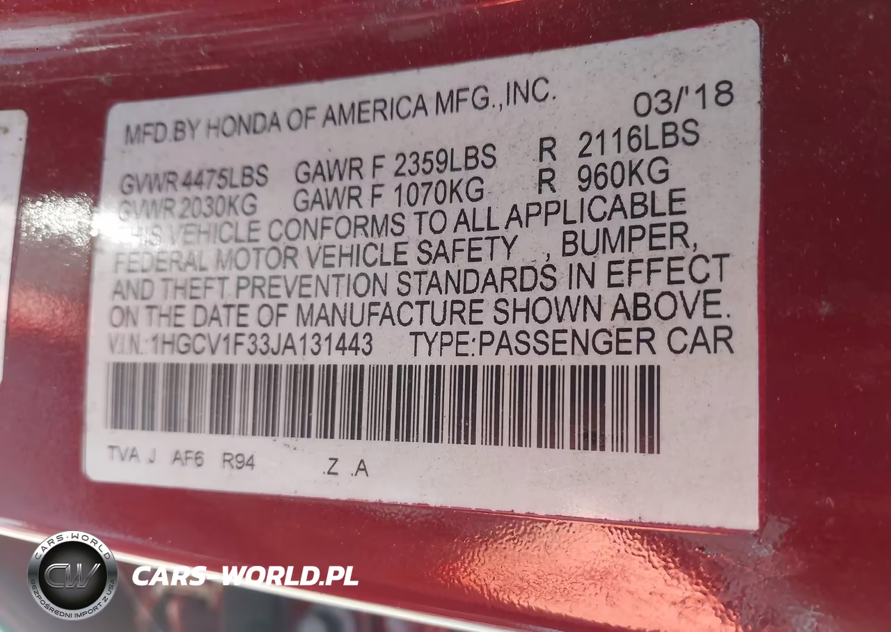 2018 Honda Accord Sport VIN:1HGCV1F33JA131443 - 9