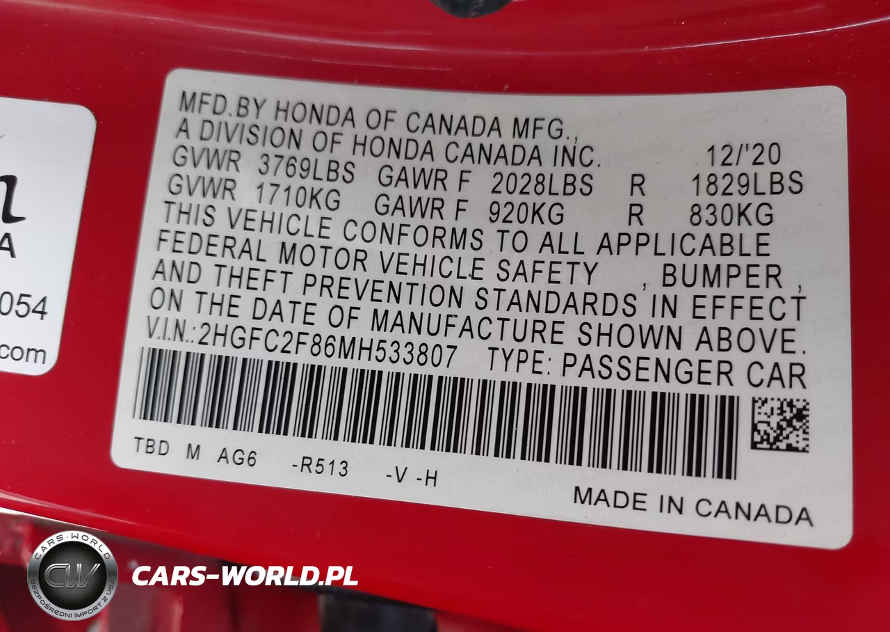 2021 Honda Civic Sport VIN:2HGFC2F86MH533807 - 9