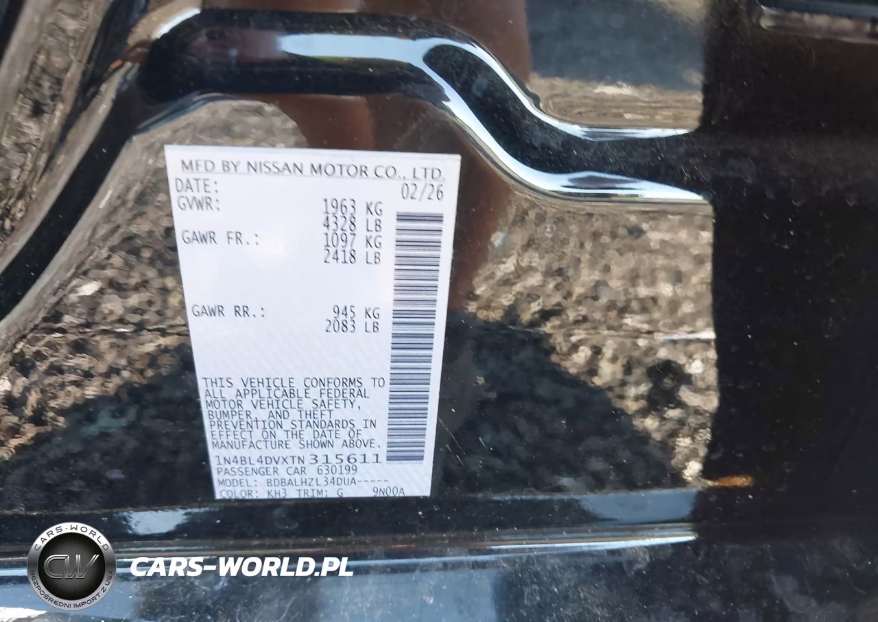 2026 Nissan Altima Sv Fwd VIN:1N4BL4DVXTN315611 - 9