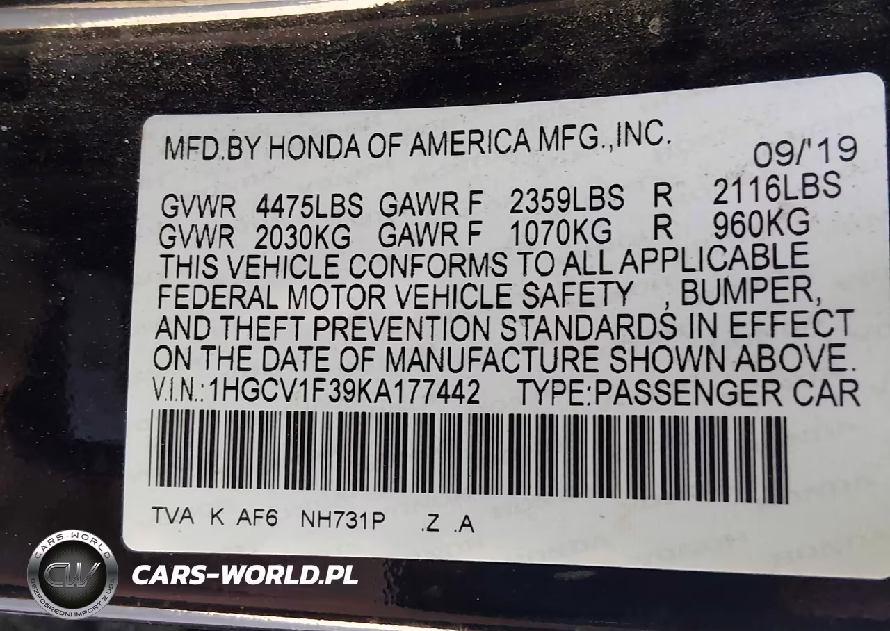 2019 Honda Accord Sport VIN:1HGCV1F39KA177442 - 9