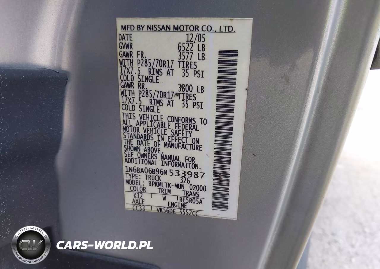 2006 Nissan Titan Se VIN:1N6BA06B96N533987 - 9