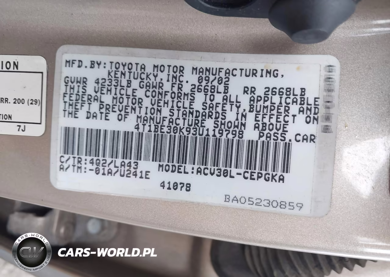 2003 Toyota Camry Xle VIN:4T1BE30K93U119798 - 9