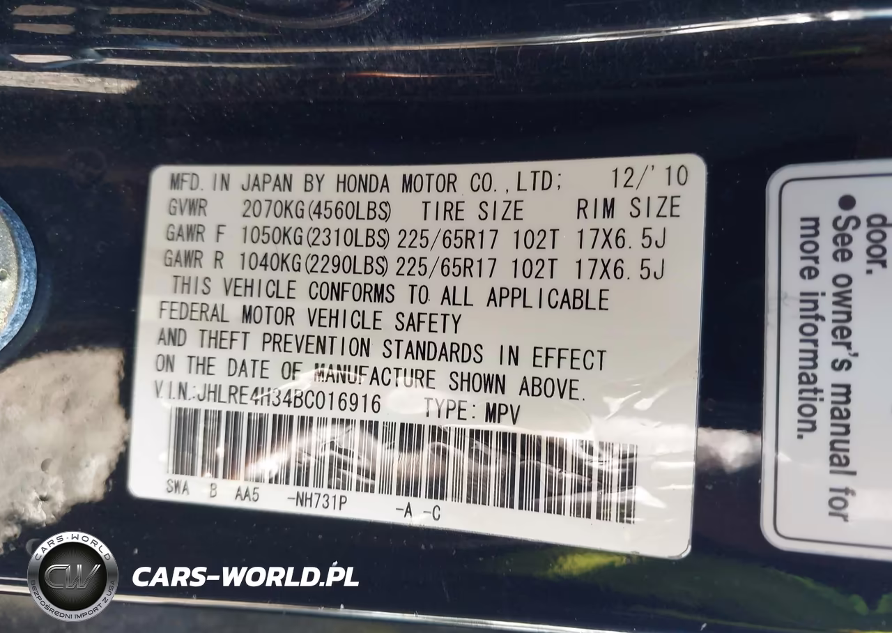 2011 Honda Cr-V Lx VIN:JHLRE4H34BC016916 - 9