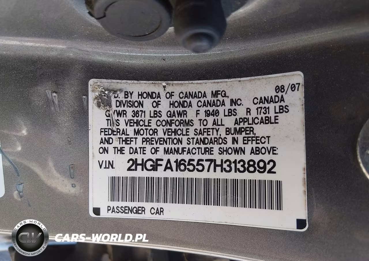 2007 Honda Civic Lx VIN:2HGFA16557H313892 - 9