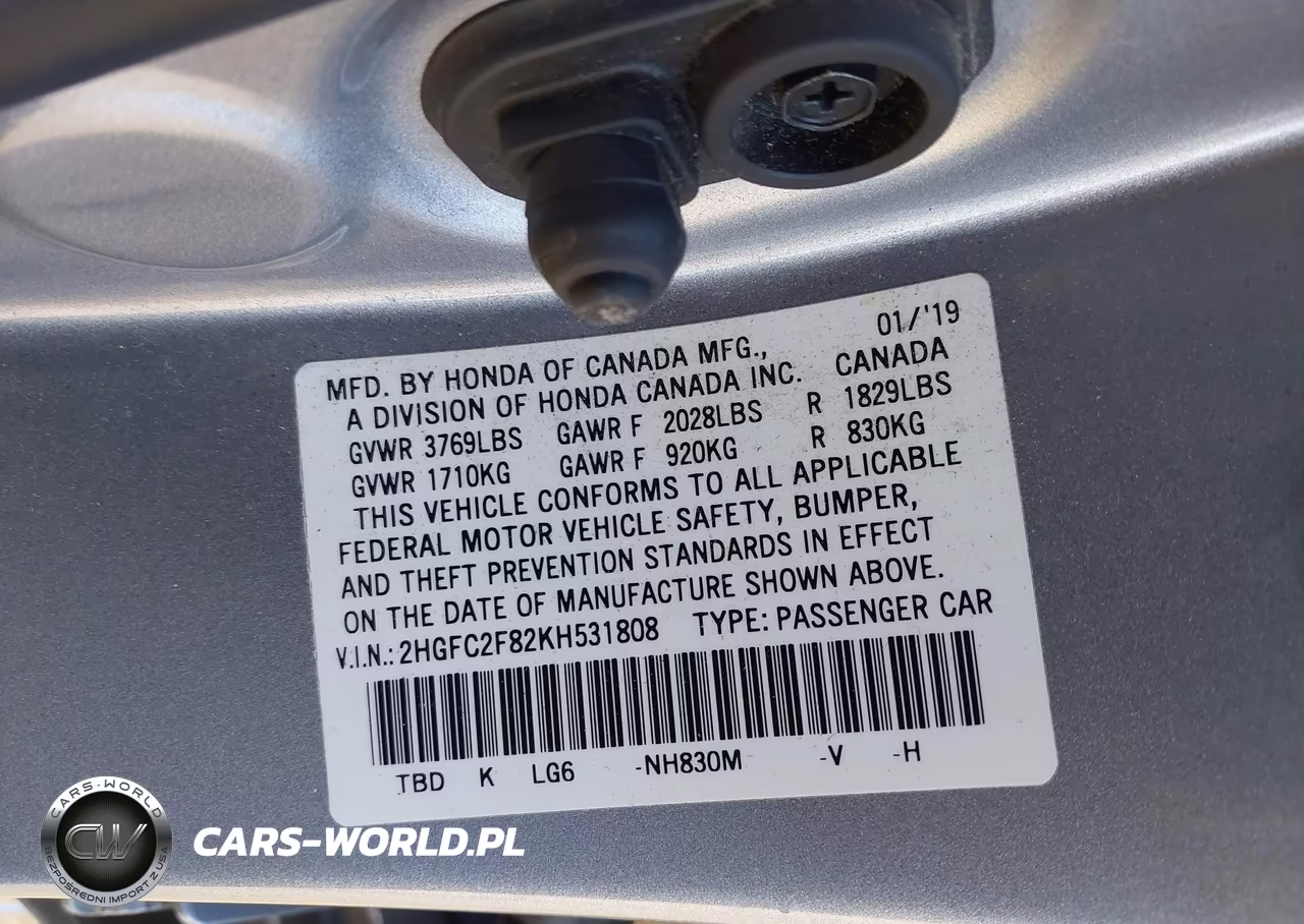 2019 Honda Civic Sport VIN:2HGFC2F82KH531808 - 9