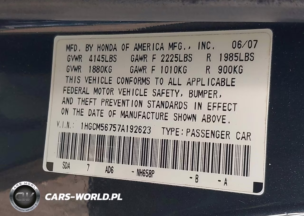 2007 Honda Accord 2.4 Ex VIN:1HGCM56757A192623 - 9