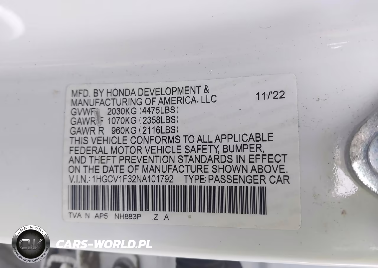 2022 Honda Accord Sport VIN:1HGCV1F32NA101792 - 9