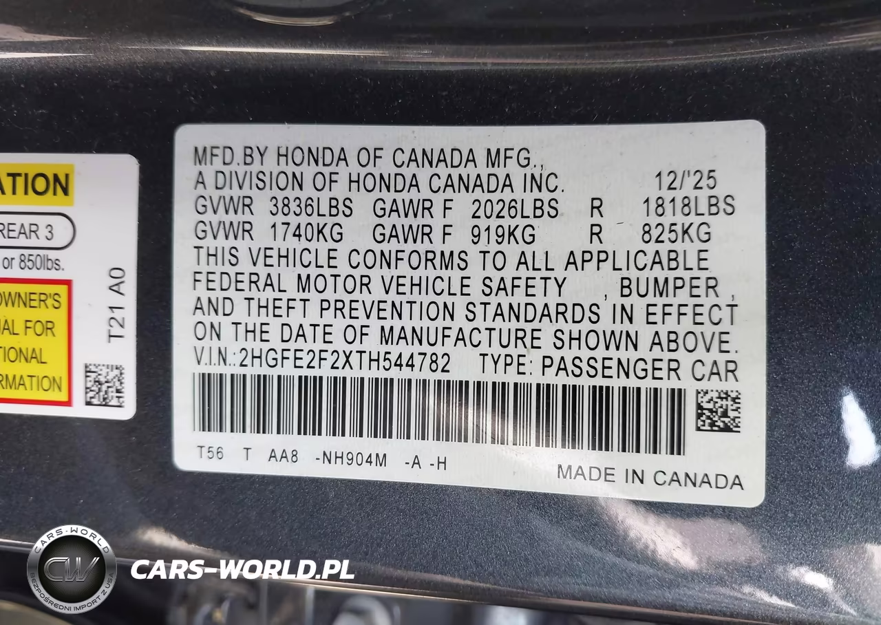2026 Honda Civic Lx VIN:2HGFE2F2XTH544782 - 9