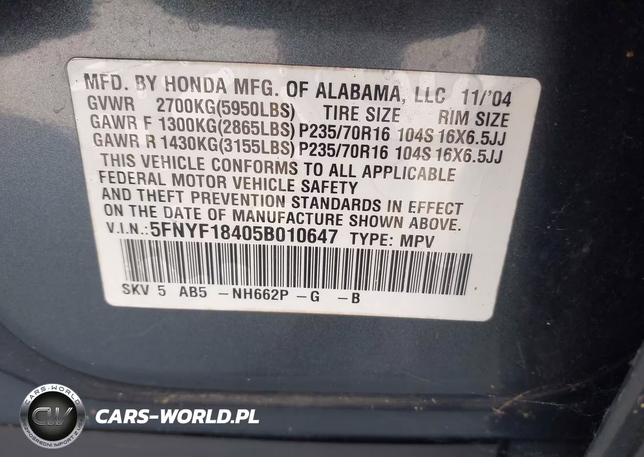 2005 Honda Pilot Ex VIN:5FNYF18405B010647 - 9