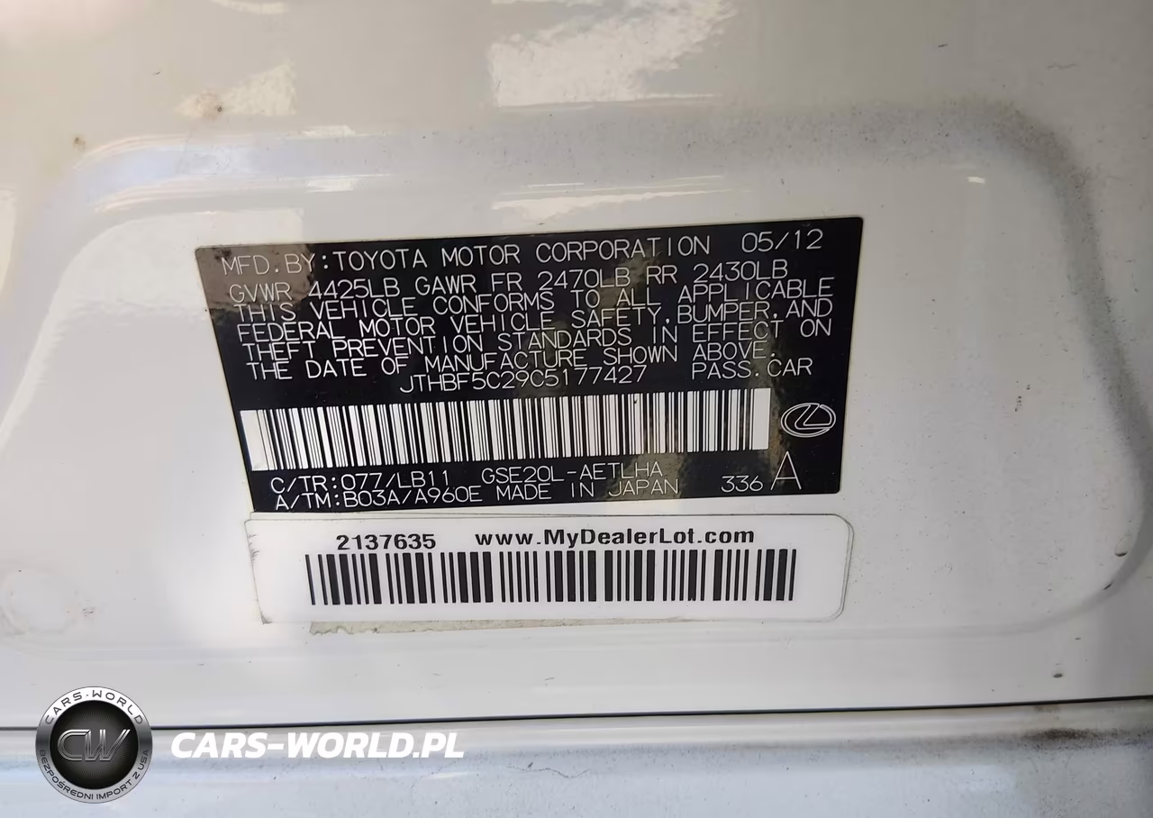 2012 Lexus Is 250 VIN:JTHBF5C29C5177427 - 9
