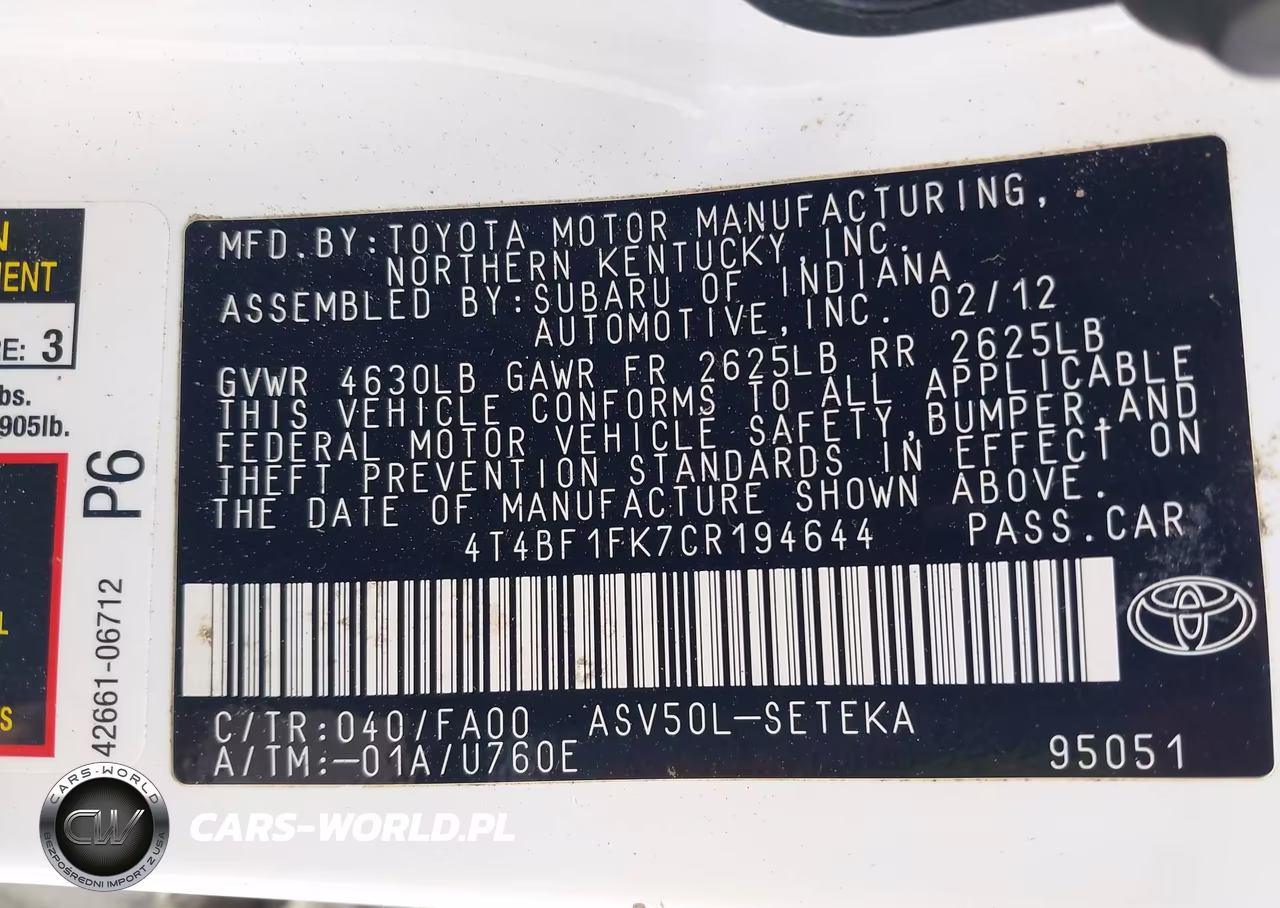 2012 Toyota Camry L VIN:4T4BF1FK7CR194644 - 9