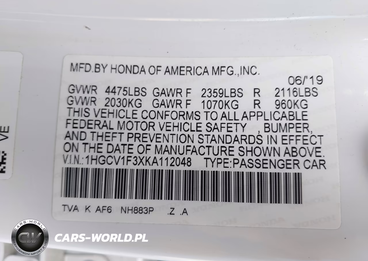 2019 Honda Accord Sport VIN:1HGCV1F3XKA112048 - 9