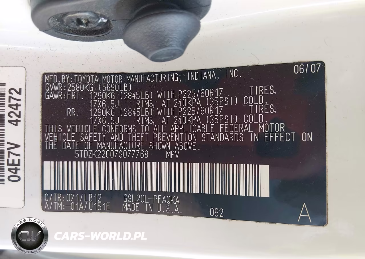 2007 Toyota Sienna Xle VIN:5TDZK22C07S077768 - 9