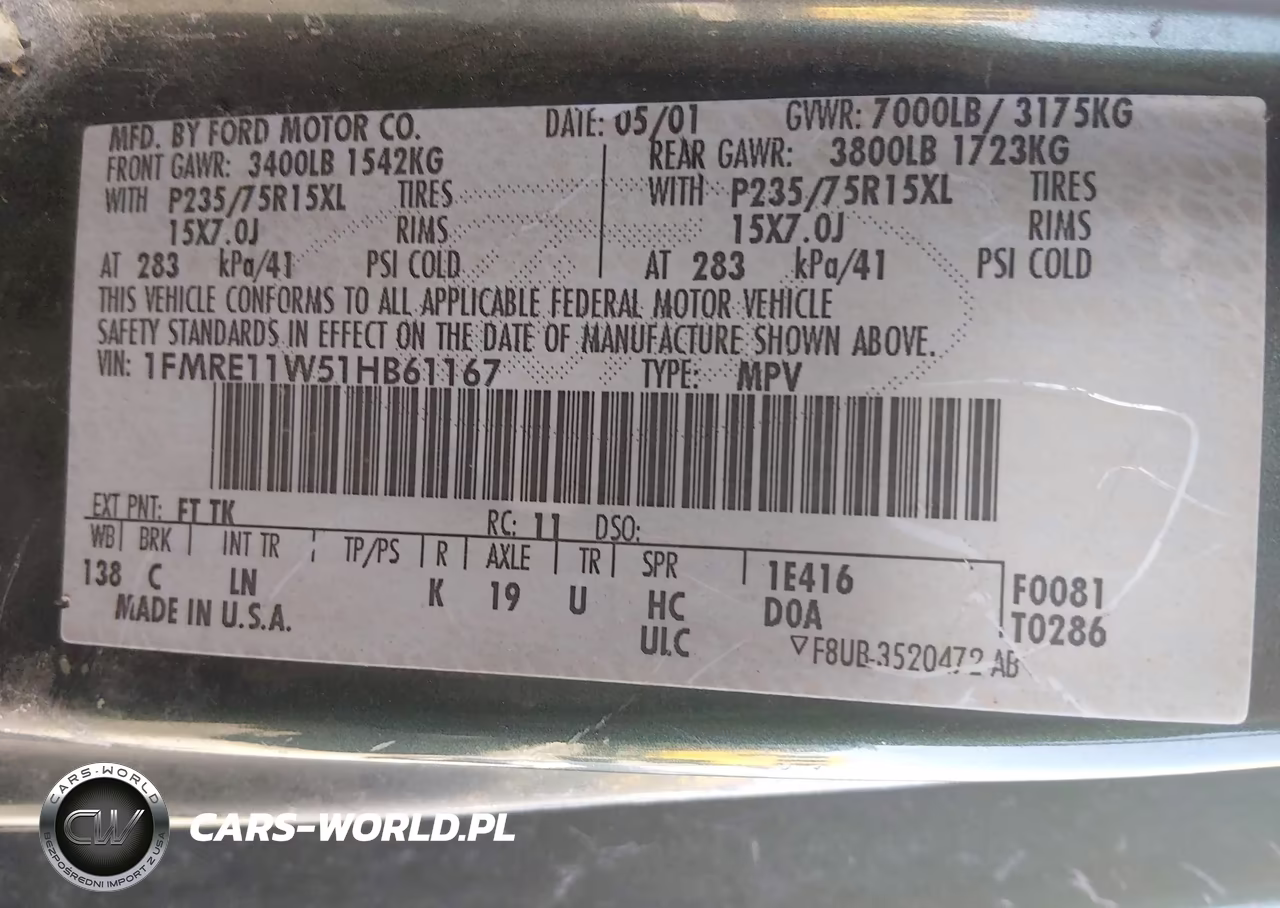 2001 Ford E-150 Xl-Xlt VIN:1FMRE11W51HB61167 - 9