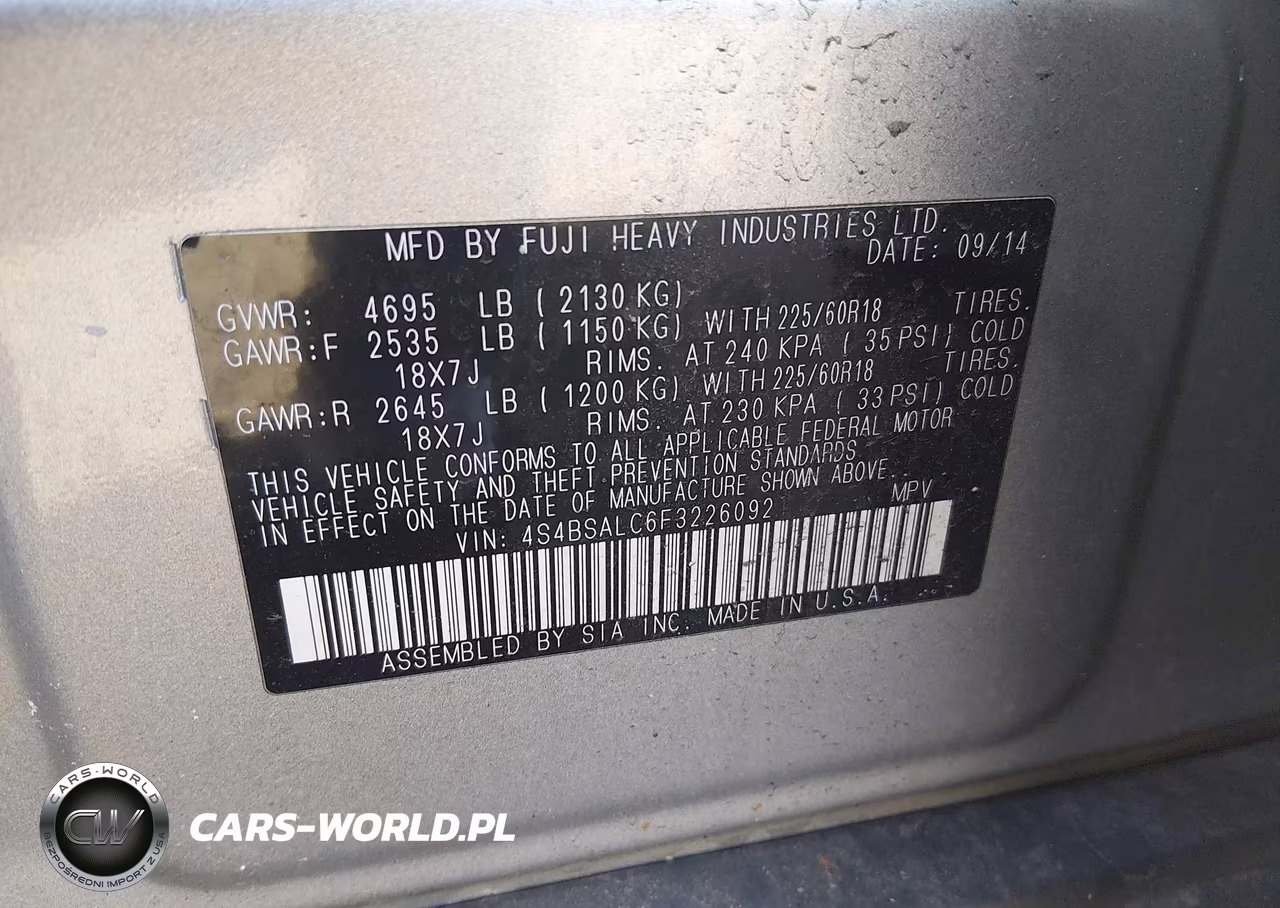 2015 Subaru Outback 2.5I Limited VIN:4S4BSALC6F3226092 - 9