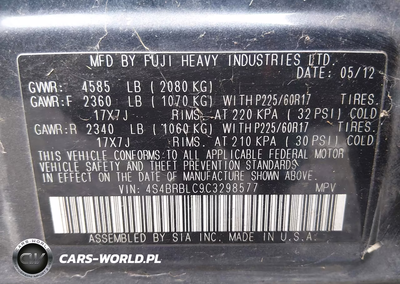 2012 Subaru Outback 2.5I Limited VIN:4S4BRBLC9C3298577 - 9