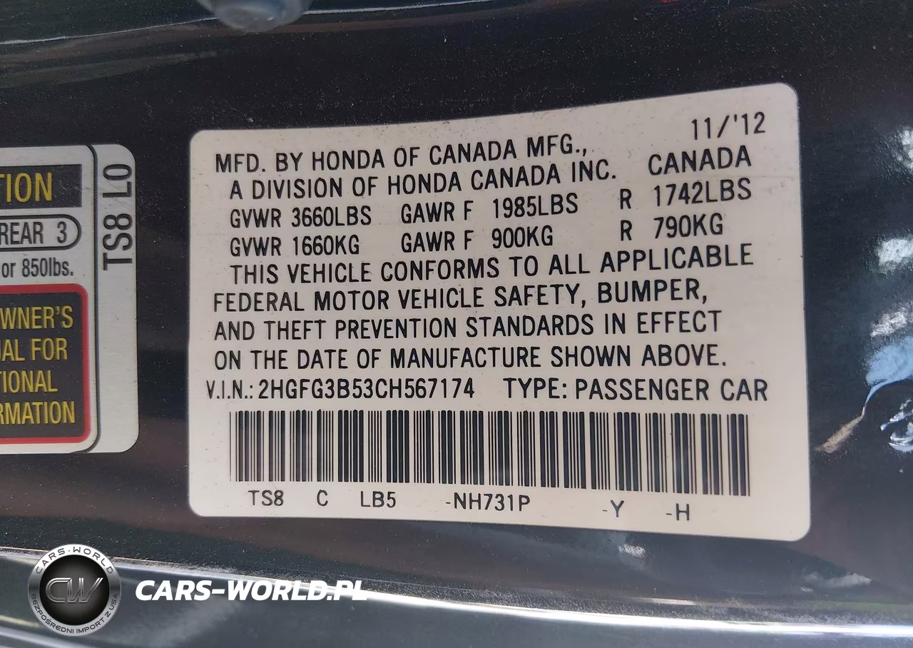 2012 Honda Civic Lx VIN:2HGFG3B53CH567174 - 9