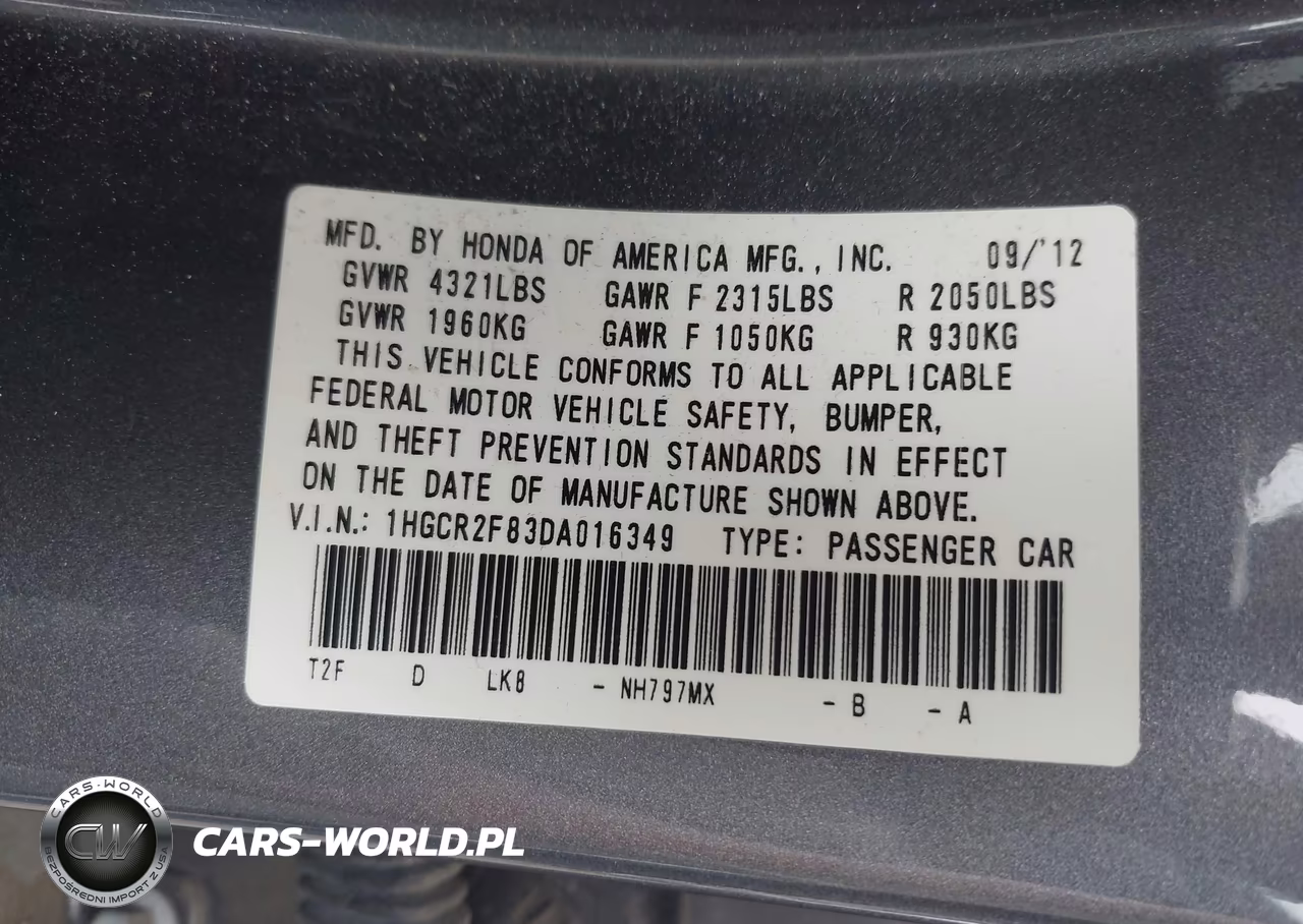 2013 Honda Accord Ex-L VIN:1HGCR2F83DA016349 - 9