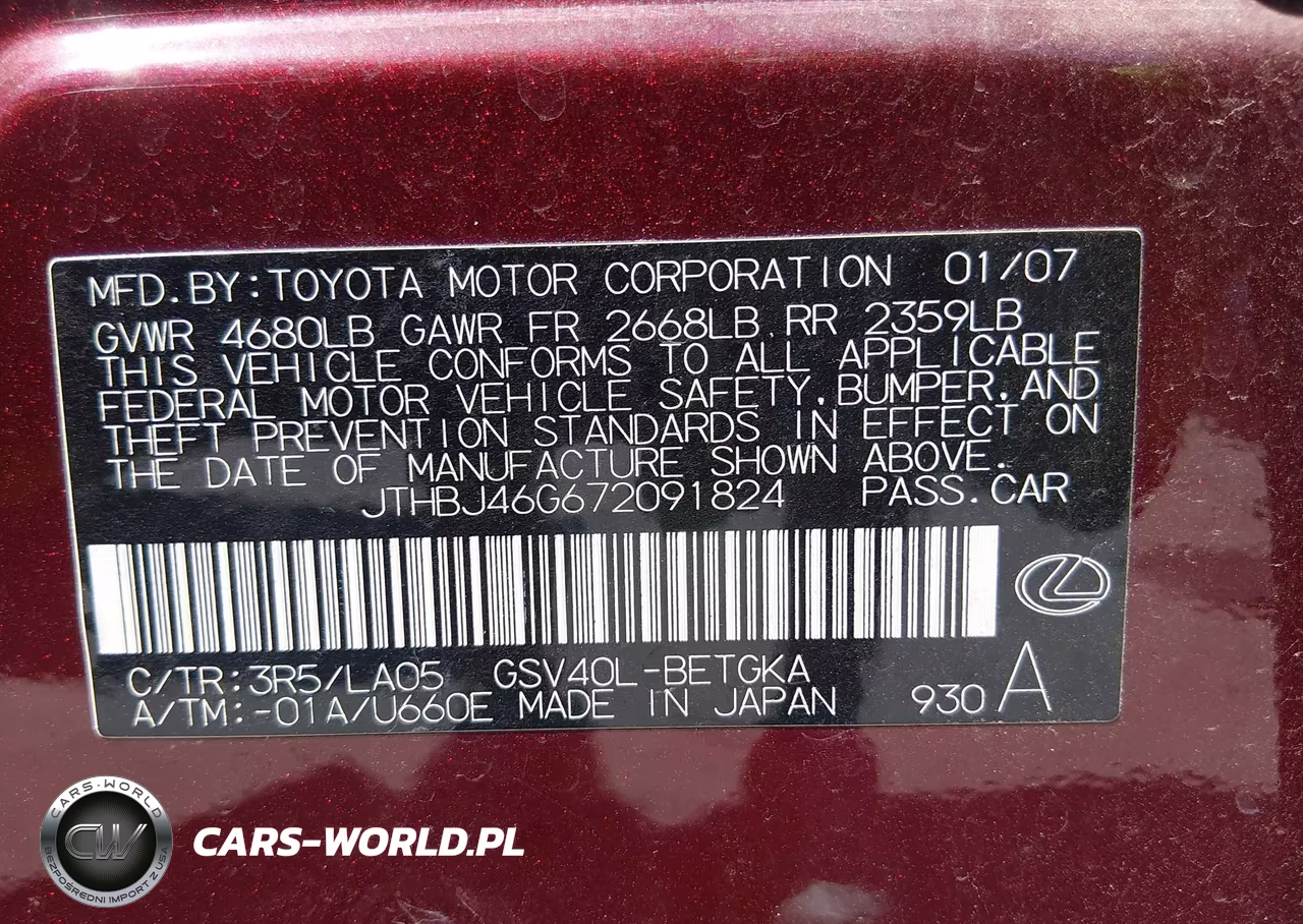 2007 Lexus Es 350 VIN:JTHBJ46G672091824 - 9