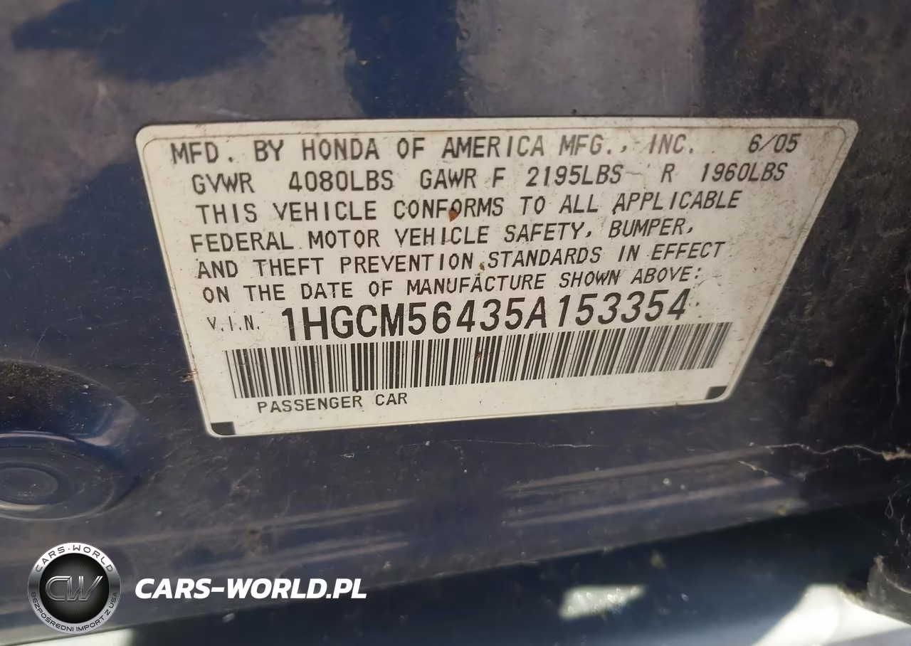2005 Honda Accord 2.4 Lx VIN:1HGCM56435A153354 - 9